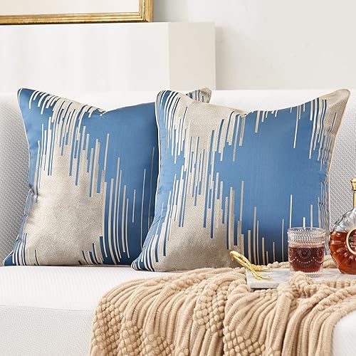 Miniatura 2 de Aeckself Paquete de 2 fundas de almohada cuadradas de jacquard de alta precisión modernas con rayas geométricas decorativas, funda de cojín suave y