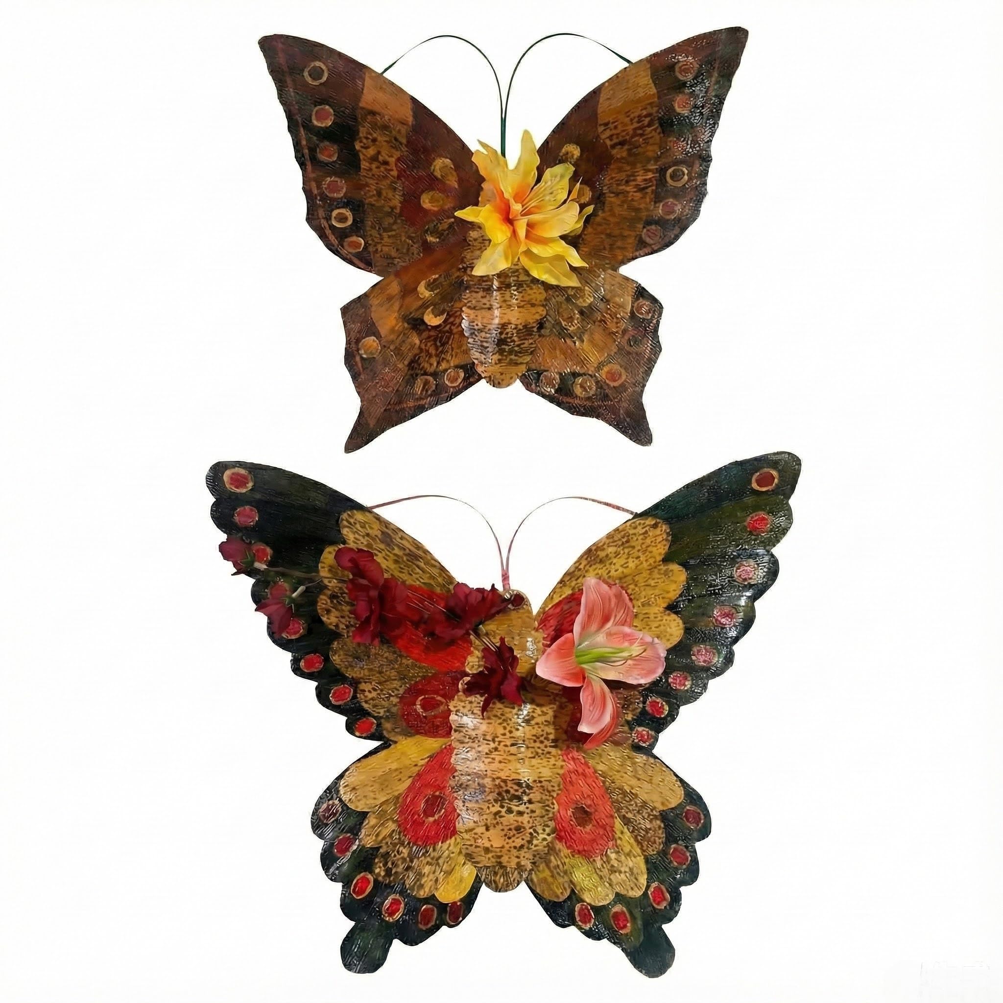 “Winged Metamorphosis” Butterfly Statue – Handcrafted Bamboo Shoot Shell & Woven Bamboo for Wall, with Floral Niche, Set of 2