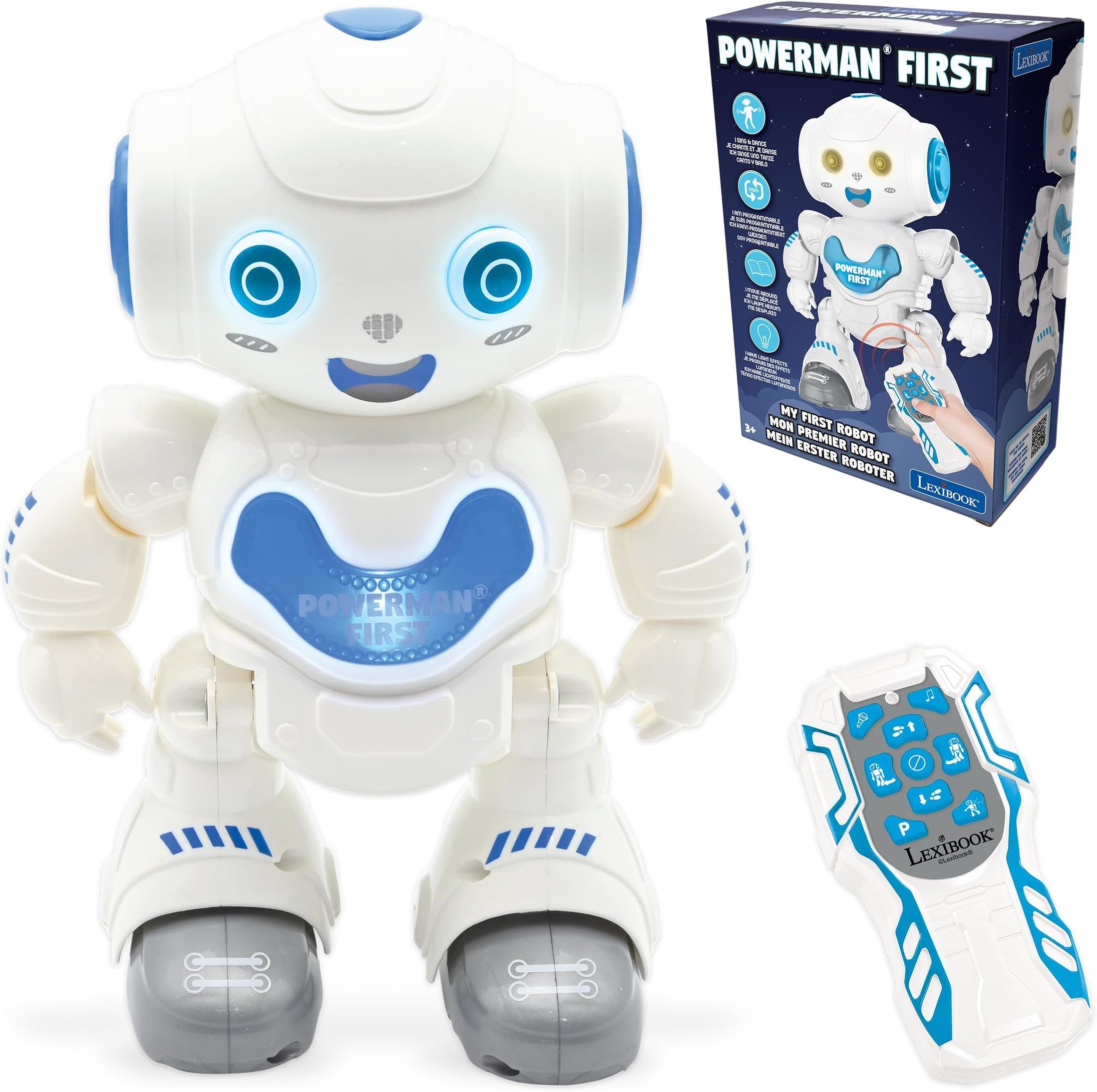 LEXIBOOK Powerman First, My first smart Interactive Toy Learning Robot Toy for Kids Dancing plays music Boy Girl, white/blue, ROB16LXB