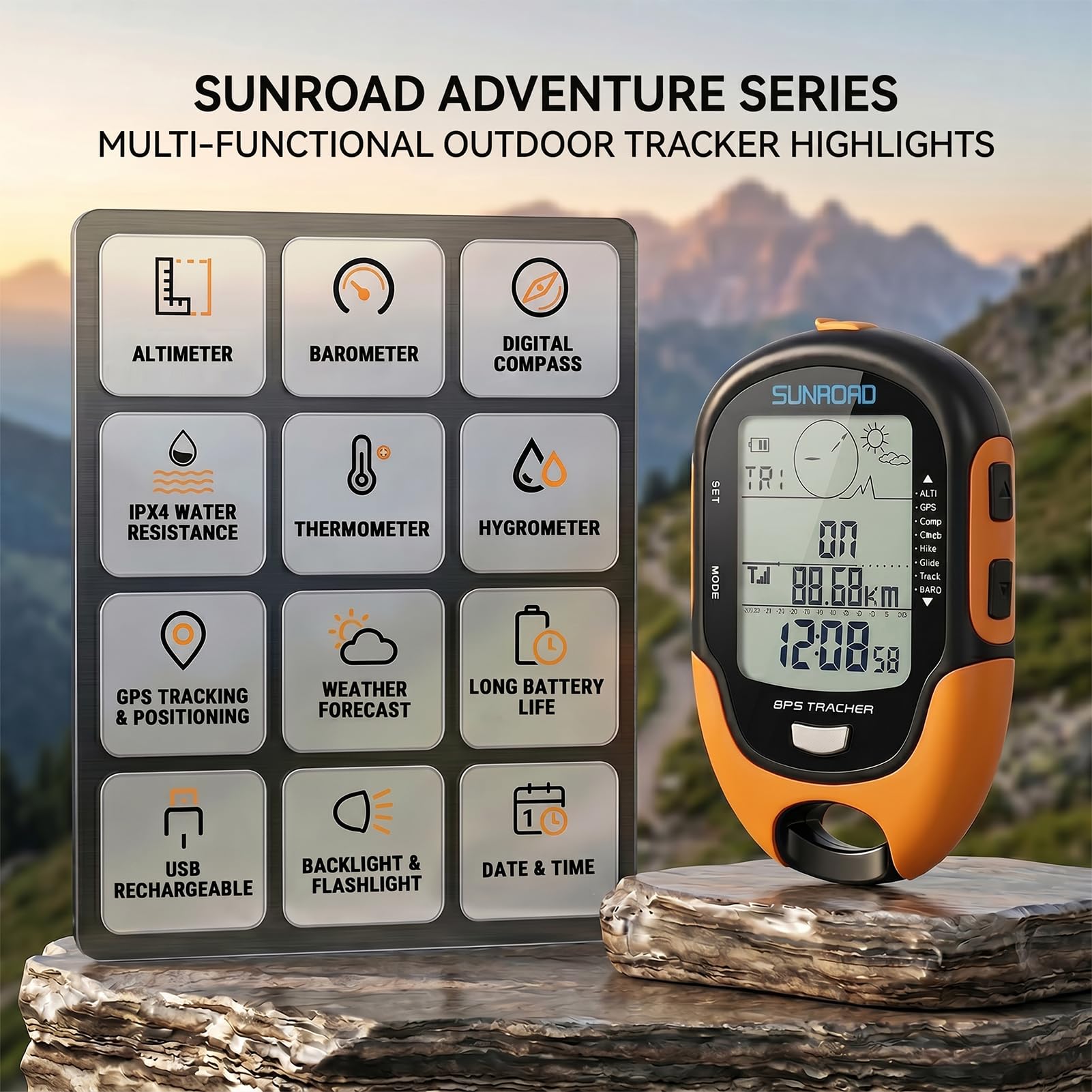 GPS Digitaler Höhenmesser, GPS-Barometer Multifunktional Kompass IPX4 Wasserdichter mit 9 Aufgezeichnete Routen, LED-Taschenlampe, Hochpräzisem Sensor für Outdoor-Aktivitäten