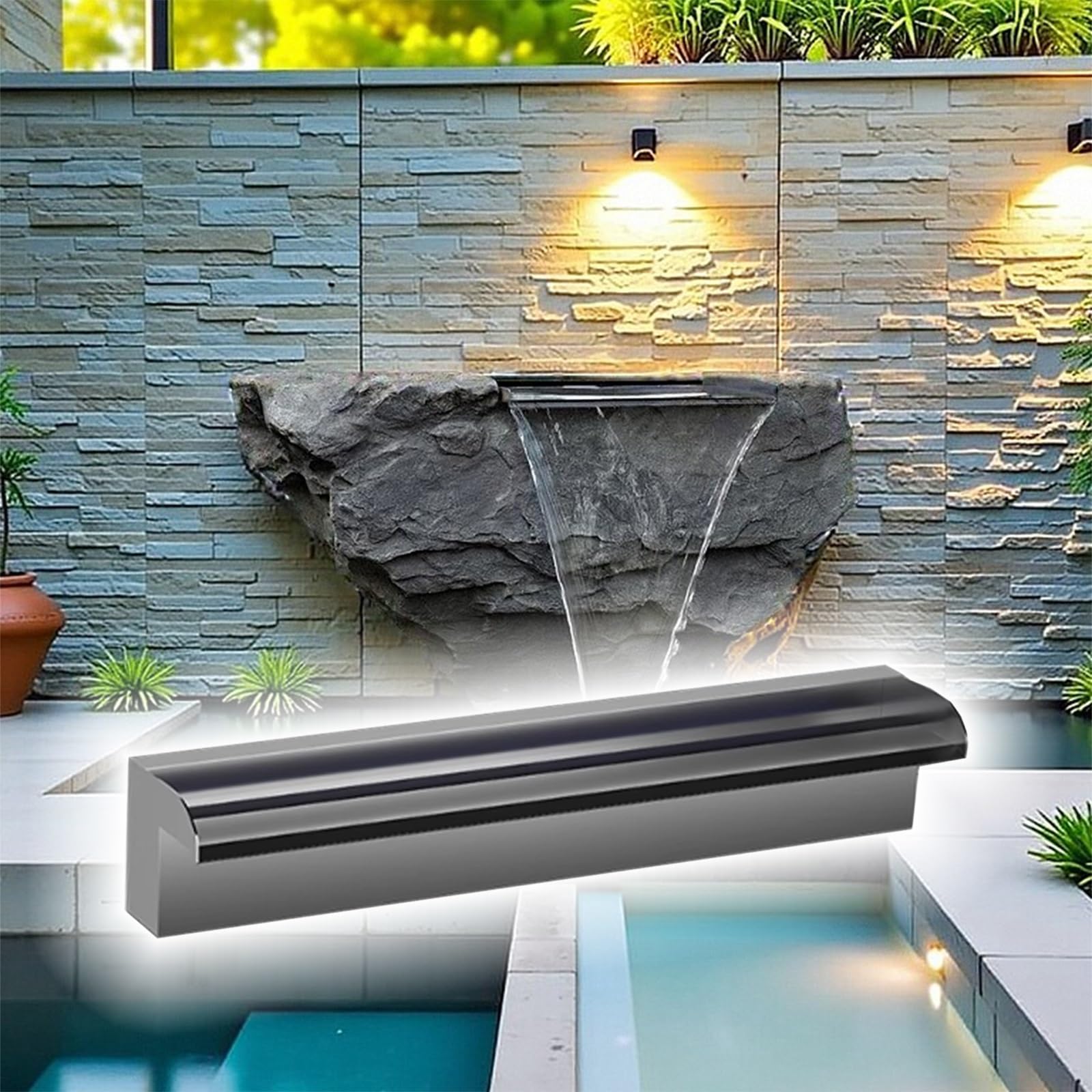 Modern Stainless Steel Waterfall Spillway - 61in Rectangular Rock Fountain for Outdoor Pools & Koi Ponds, Elegant Garden Water Feature Kit for Backyard Decor (83in/211cm)