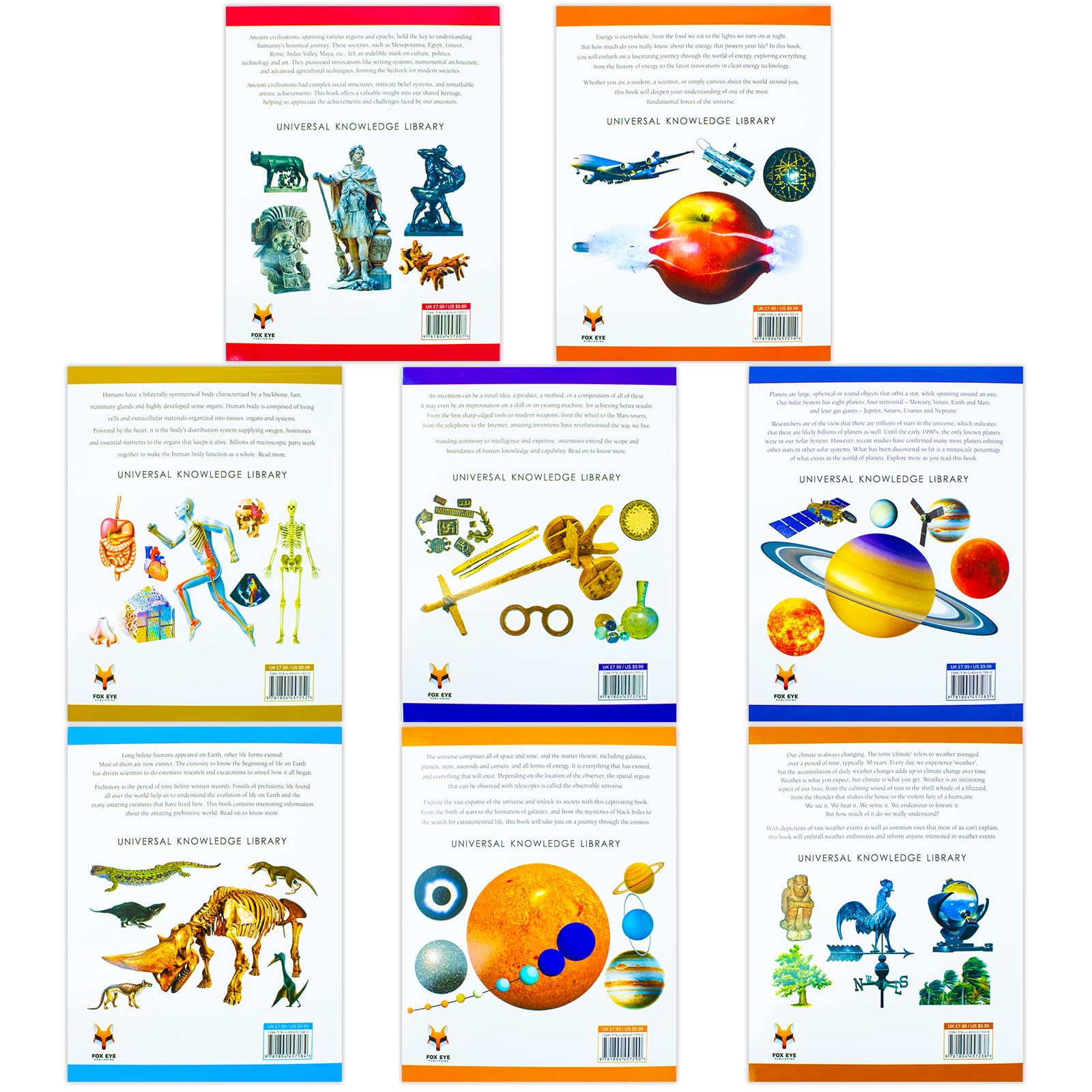 Universal Knowledge Library Science and History 8 Volumes Book Collection Set: (Ancient Civilisations, Inventions, Prehistoric Life, Universe, Energy, Human Body, Planets, Weather)