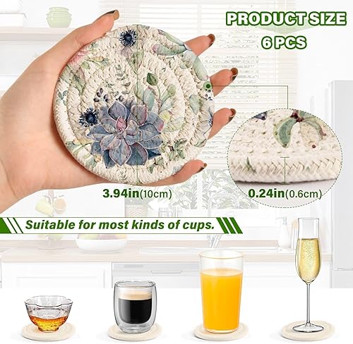 Miniatura 3 de Plants Succulent Roses Coasters for Drinks Set of 6 Absorbent Drink Coasters Woven for Tabletop Protection Home Coffee Table Decor