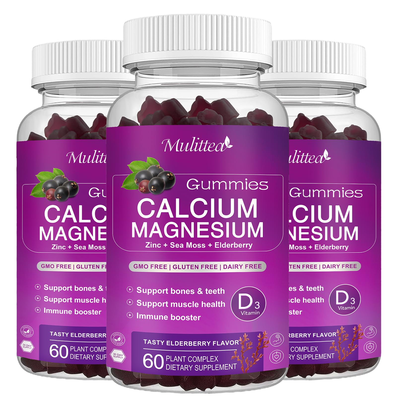 Mulittea Suplemento de Cálcio, Magnésio Glicinato 200 mg, Potássio, Zinco e Vitamina D3, 180 gomas, pacote com 3