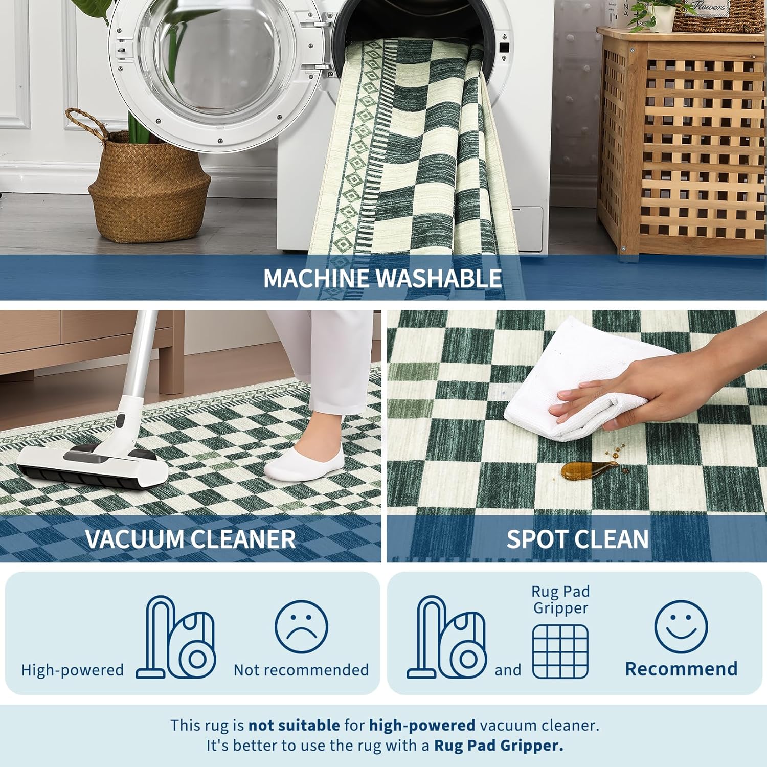 GarveeHome Machine Washable 2x6 Runner Rug for Hallway Modern Abstract Checkered Carpet Non-Slip Low Pile Stain-Resistant High-Traffic Easy-Clean Entryway Area Rugs for Kitchen Bathroom Green - Image 7