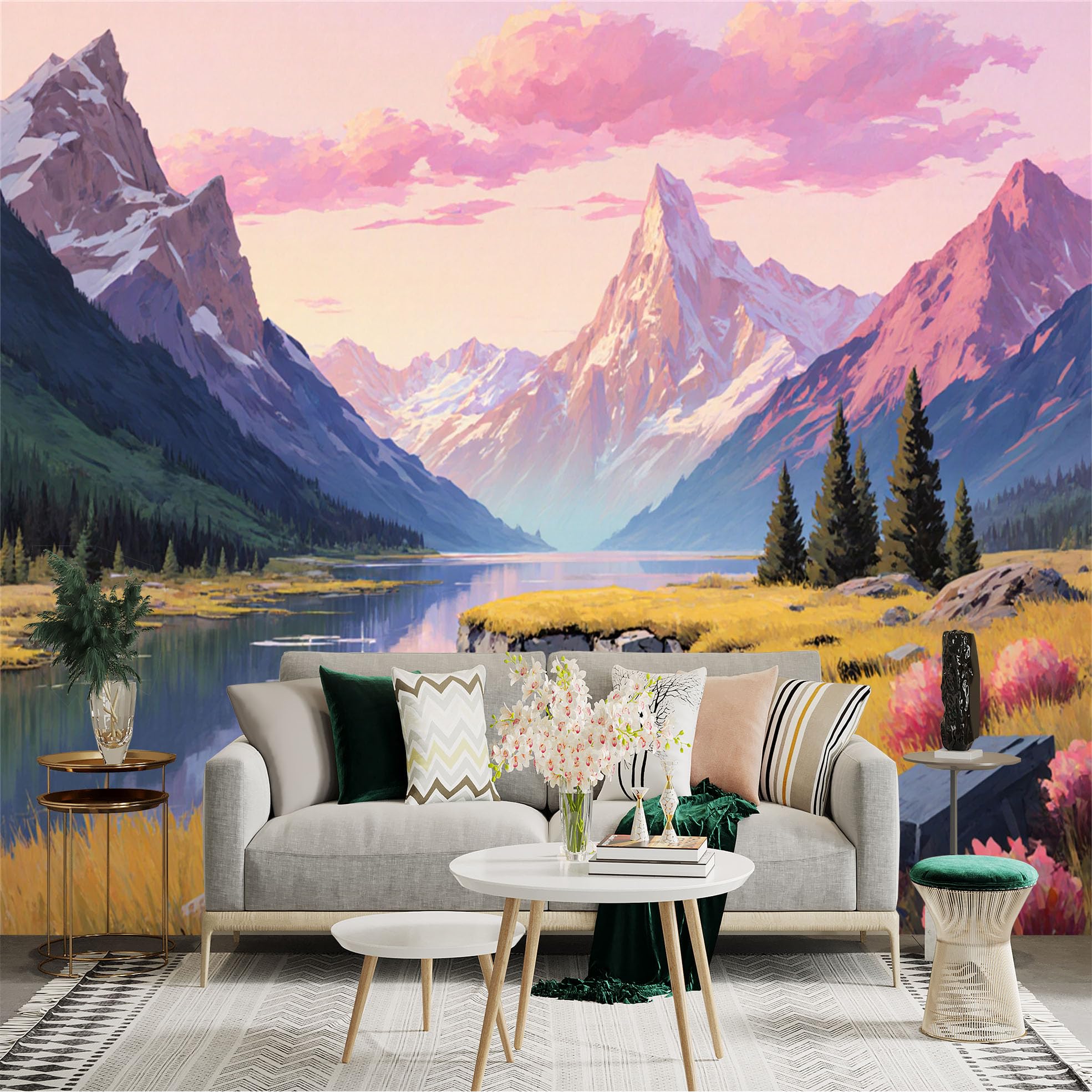 Lnzczhyre Xc260505191 Custom Size Wall Sticker Mural， Majestic Pink Mountain Peaks， Serene Alpine Lake， Golden Meadow And Pine Trees， For Wall Decoration， Peelandstick Wall Decals.