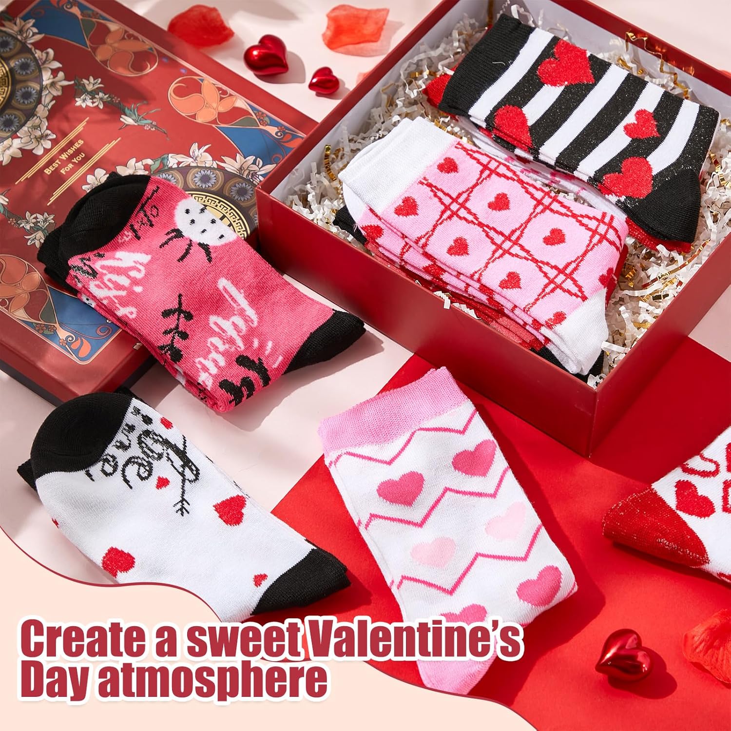 Ramede 48 Pairs Valentine Socks Bulk Novelty Cozy Heart Love Pattern Pink Crew Sock Gifts for Women Men(Heart)