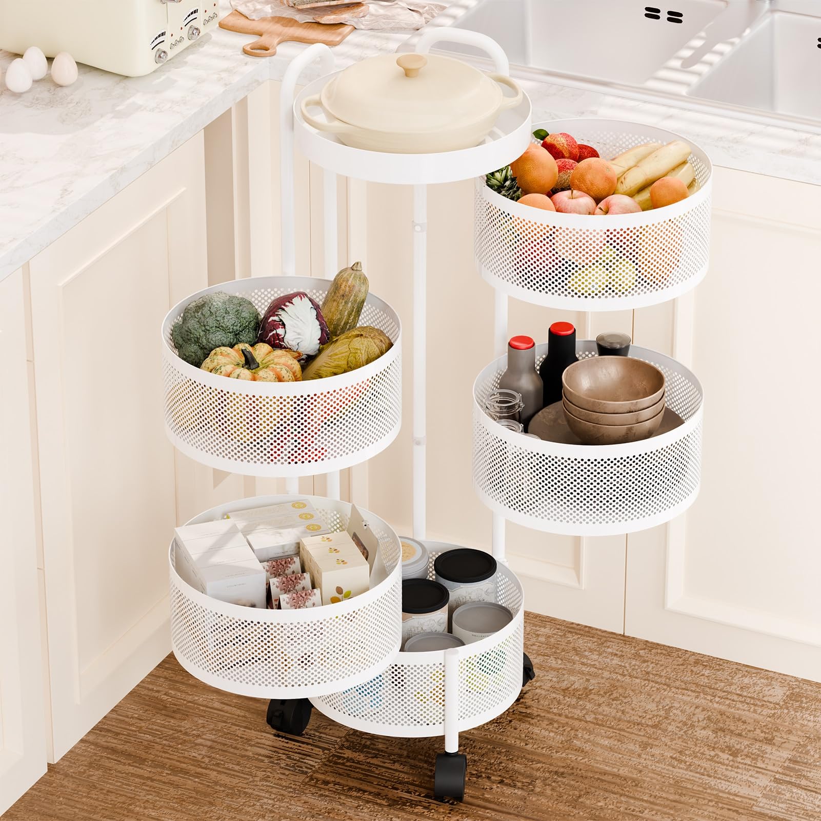 Carrito de almacenamiento de cocina, cesta giratoria circular de 5 niveles, estante de almacenamiento grande con ruedas de 360 grados, estante de frutas y verduras, carrito móvil