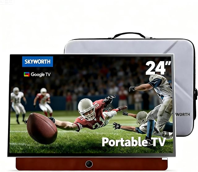 Skyworth 24-Inch Portable Smart TV avec étui de protection, batterie alimentée en extérieur TV, 1080P FHD, Google TV, HDR10, Dolby Audio, Chromecast, Idéal pour les sports, Jeu de jour