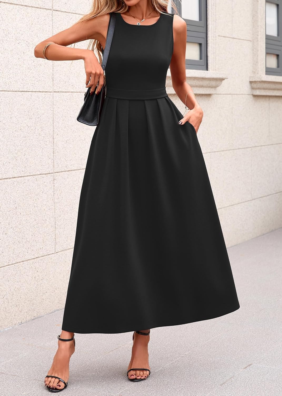 Lazysmile Summer Sleeveless Maxi Dresses for Women Mock Neck Pleated A Line Formal Cocktail Wedding Guest Dress