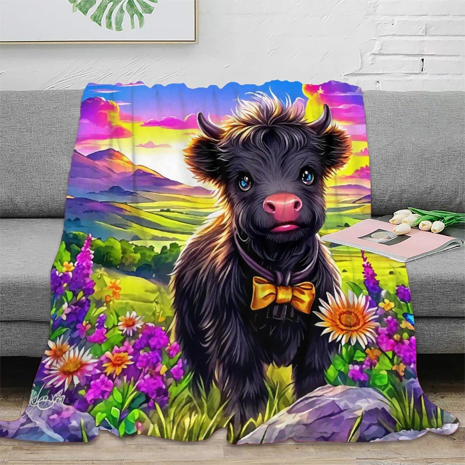 Couverture Highland Cattle en microfibre imprimée 3D plaid chaud lit canapé 150x200cm