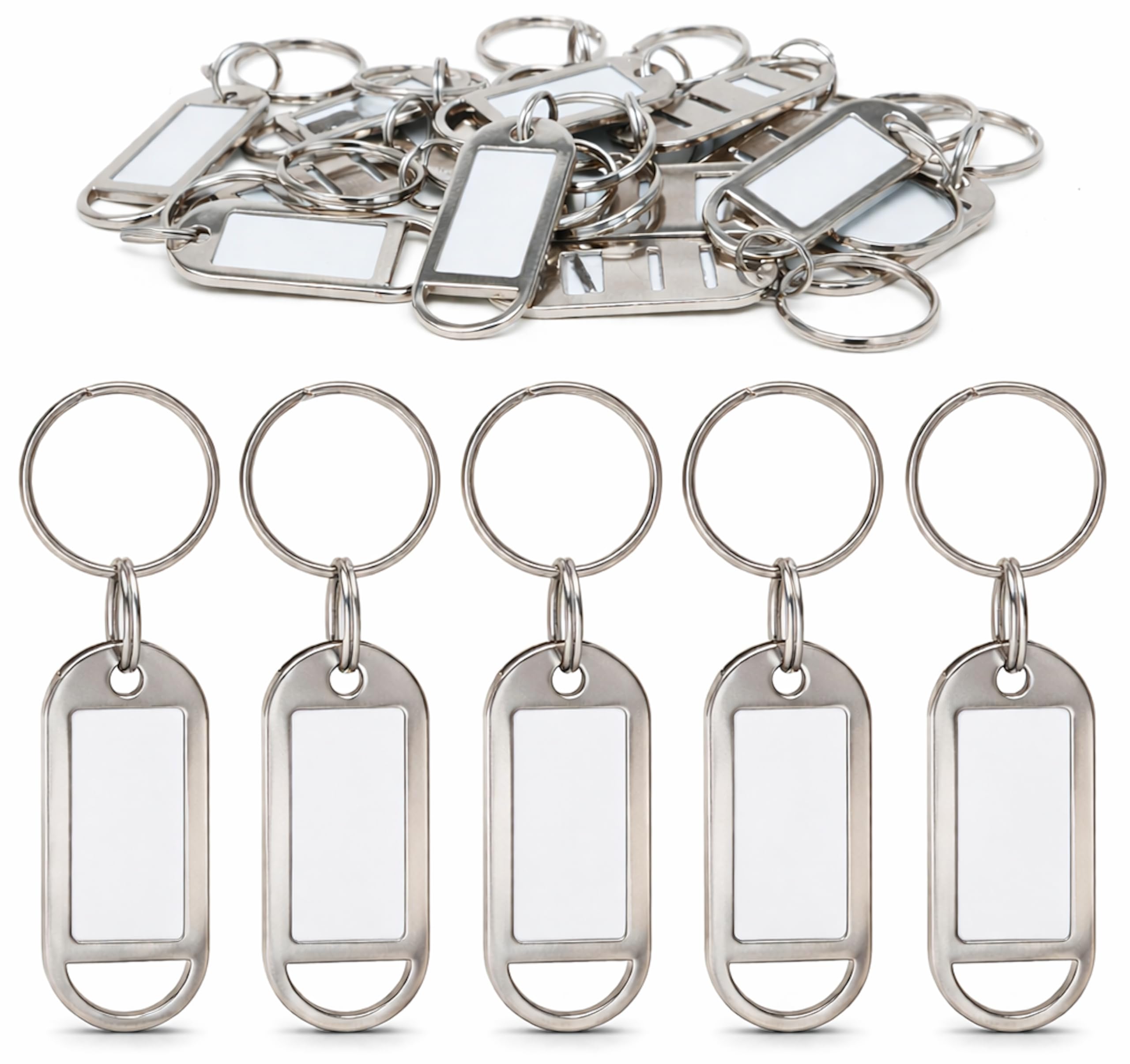 Schlüsselanhänger aus Metall mit Beschriftungsfeld – 10 st. beschriftbar & wiederverwendbar, Schlüsselschilder / Schlüsselmarkierer mit Etikett & Schutzfolie, für Schlüsselbund, Koffer, Büro - Silber