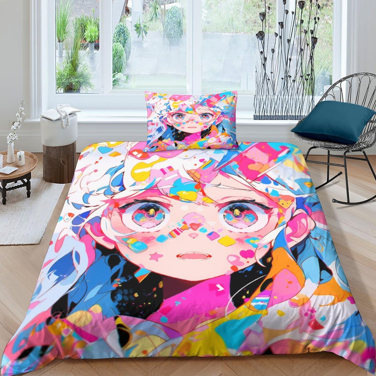 Linge de lit premium avec housse de couette imprimée 3D fille anime