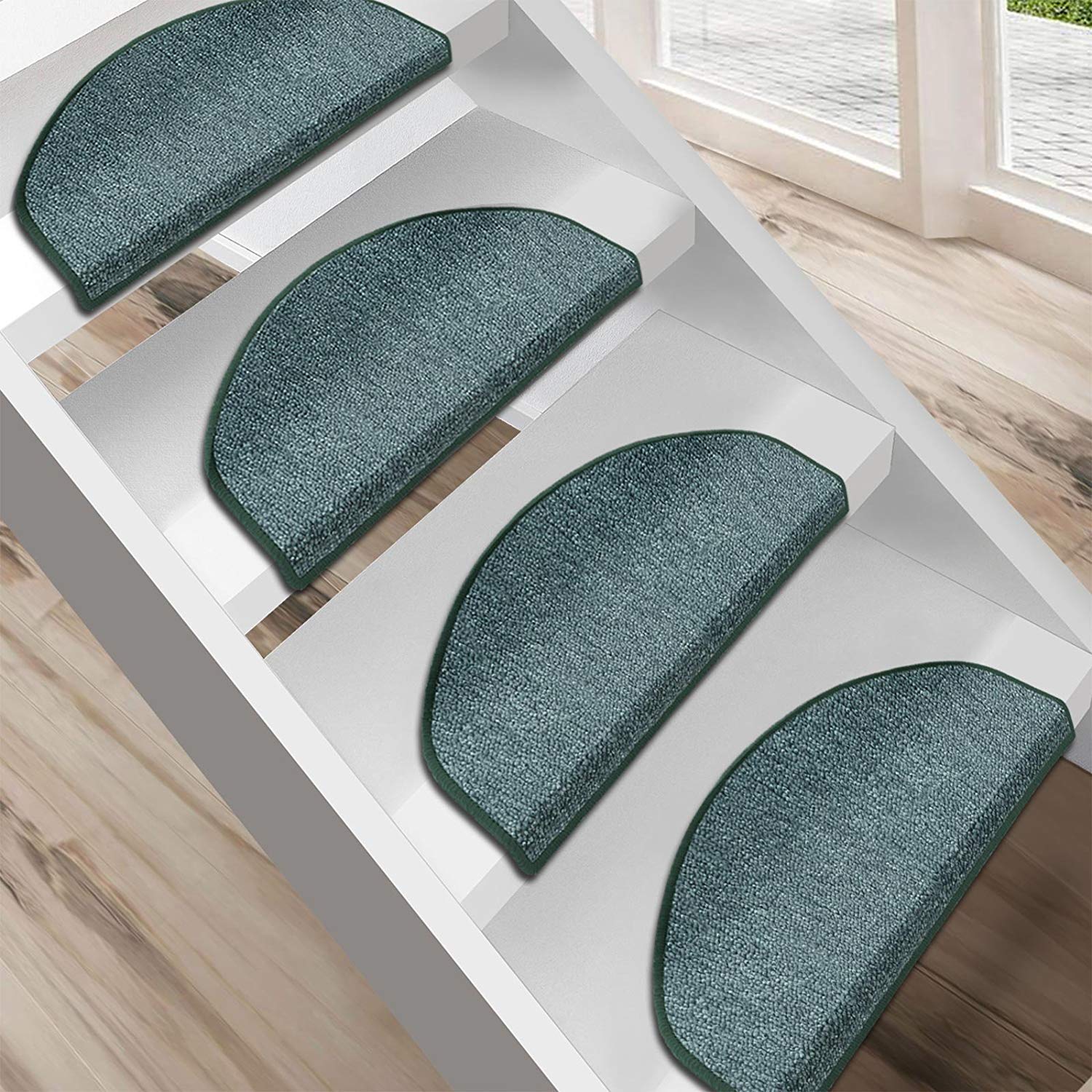 Tappetini per Scale Interne - Copri - Gradini Antiscivolo, Combinabili con Tappeti e Passatoie in Vari Colori e Misure - Semicircolari - Set da 15-23.5 x 65 cm - Verde Acqua
