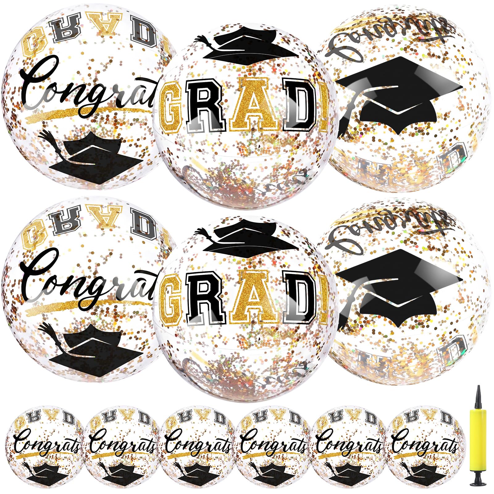 Photo 1 of 12 Pcs 16 Inch Black Gold Graduation Inflatable Beach Balls with Air Pump Congrats Grad Sign Activities Beach Ball 2026 Graduation Party Favor Swimming Pool Supplies for Graduates Seniors College