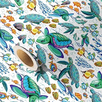 Vnaaem Sea Turtle Wrapping Paper Roll for Kids Boys Girls - Ocean Gift Wrap with Cute Fishes Under the Sea for Birthday Baby Shower Holiday Party DIY Craft PartyTotal 28.5sq.ft