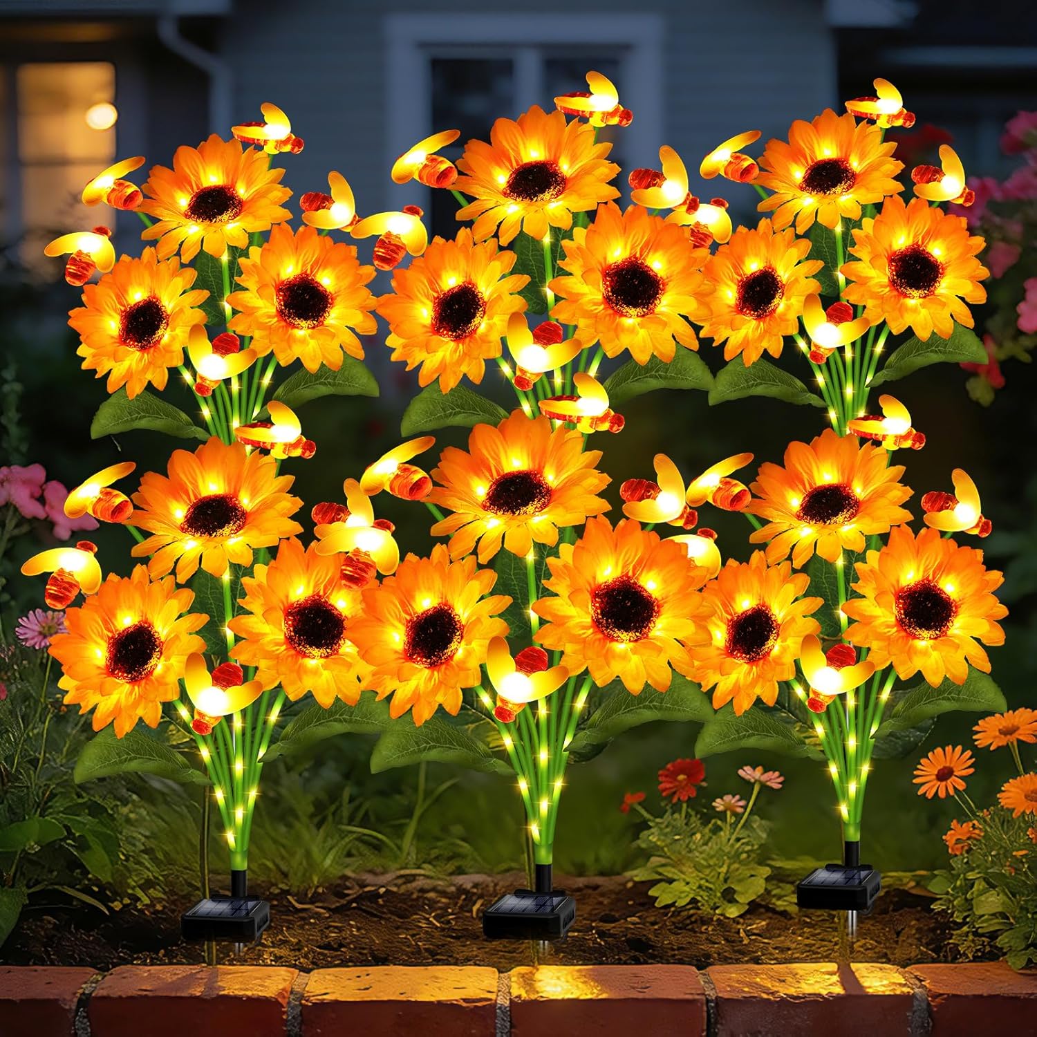 Solar Garden Lights-4 Pack Solar Sunflowers with Multicolor Changing Swaying Firefly Lights,Gifts for Mom Women Mothers Day Birthday,Waterproof Firefly Sunflower Light for Outdoor Patio Yard Decor