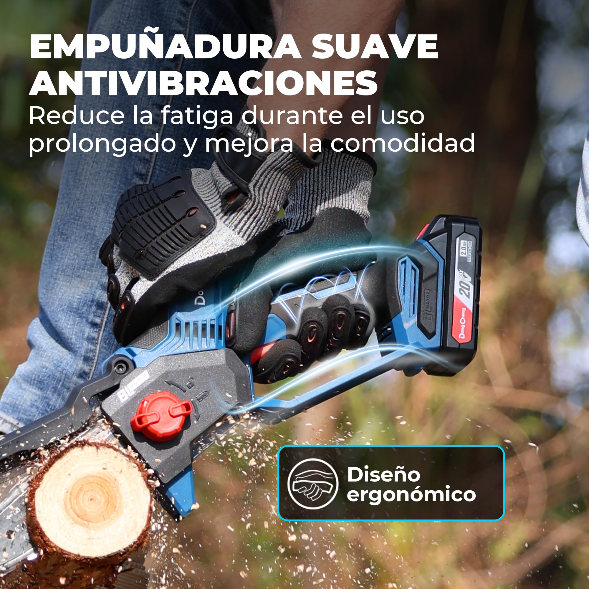 DongCheng Mini motosierra para jardineros y campistas. motor 750W sin escobillas, 2×2000 mAh, 1,2 kg, manejo a una mano, 15 cm, 8 m/s, tensión sin herramientas y engrase auto