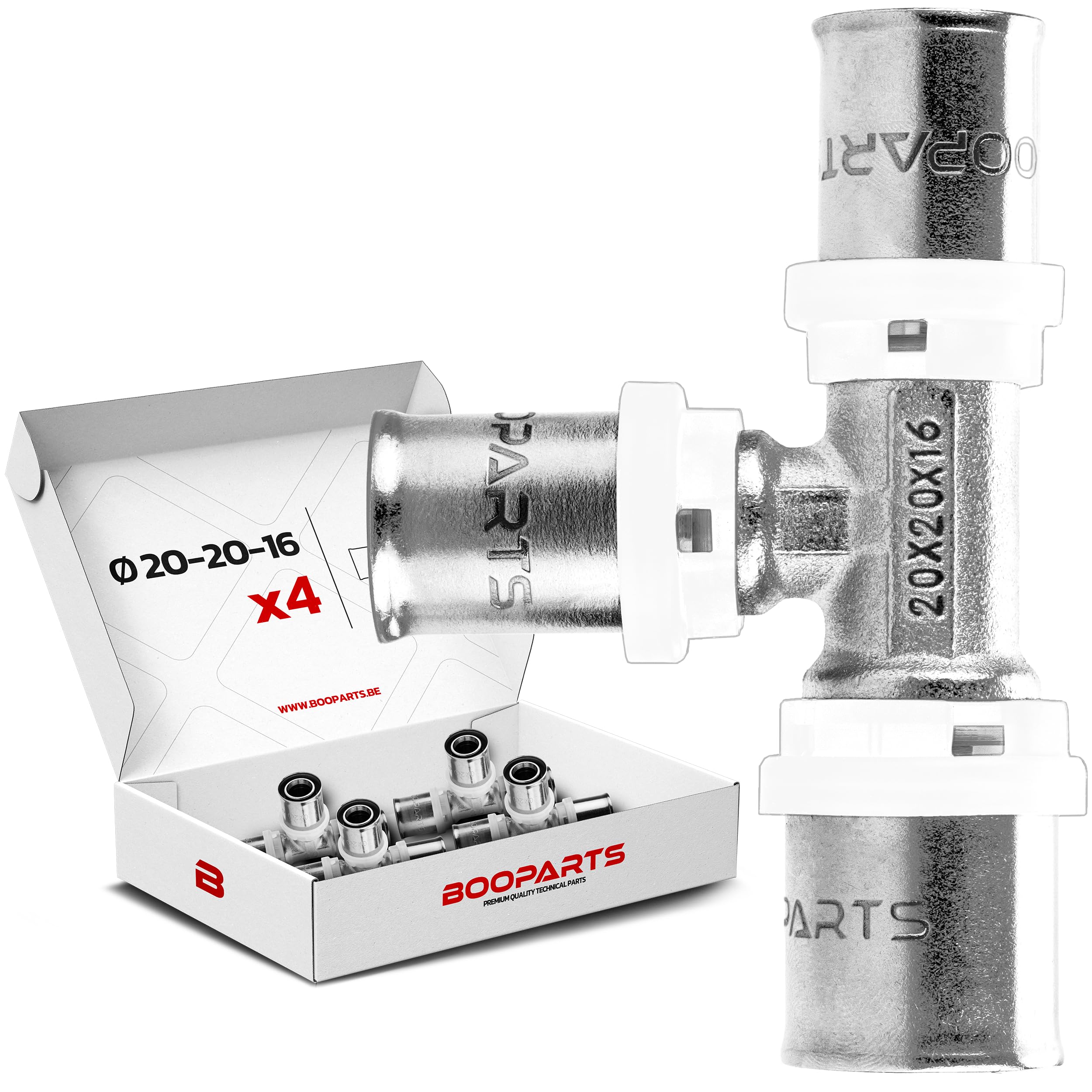 Raccordo a T a Pressare 20 x 20 x 16 mm per Tubo Multistrato | Profilo TH | Ottone Nichelato | Set da 4 Pezzi