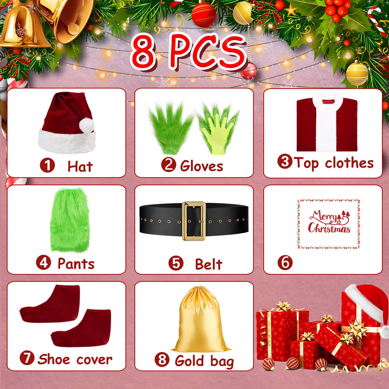 Costumi di Halloween Verde Peloso Costume Adulto 8PCS, Natale Deluxe Costume di Babbo Natale per gli uomini con maschera