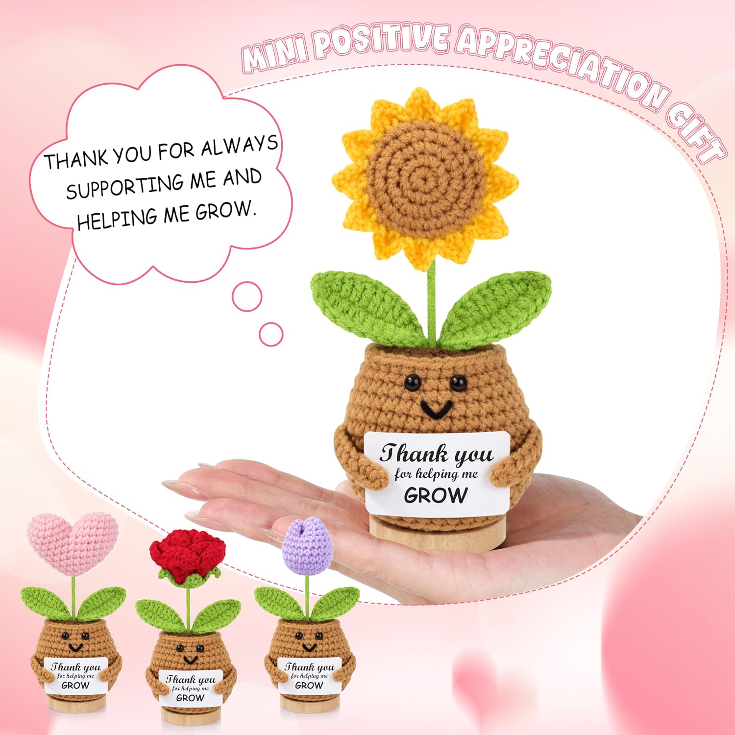DOGMEM 4PCS Teacher Appreciation Gifts, Emotional Support Handmade Crochet Sunflower Gifts for Teacher, Teachers Day, Thank You for Helping Me Grow for Nurse Boss Friend Women