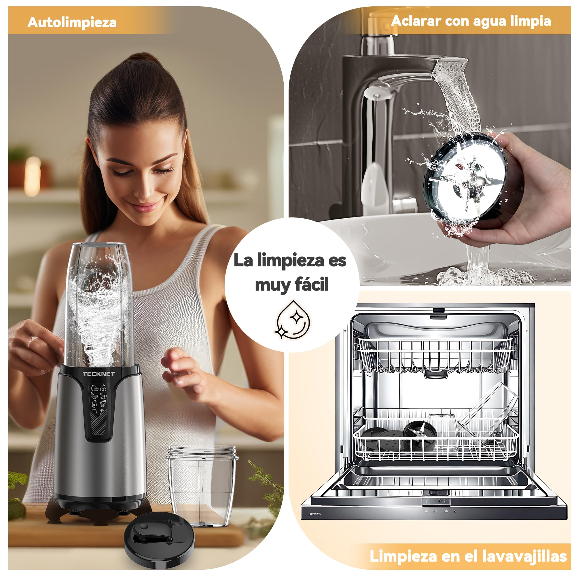 TECKNET 1000W Batidora de Vaso Portátil, Smoothie Blender, Batidora Portátil, Mini Batidora con Hoja en Cruz de Acero Inoxidable 304 de Uso Alimentario, 2 Vasos sin BPA 500/150ml Batidos, Babynahrung