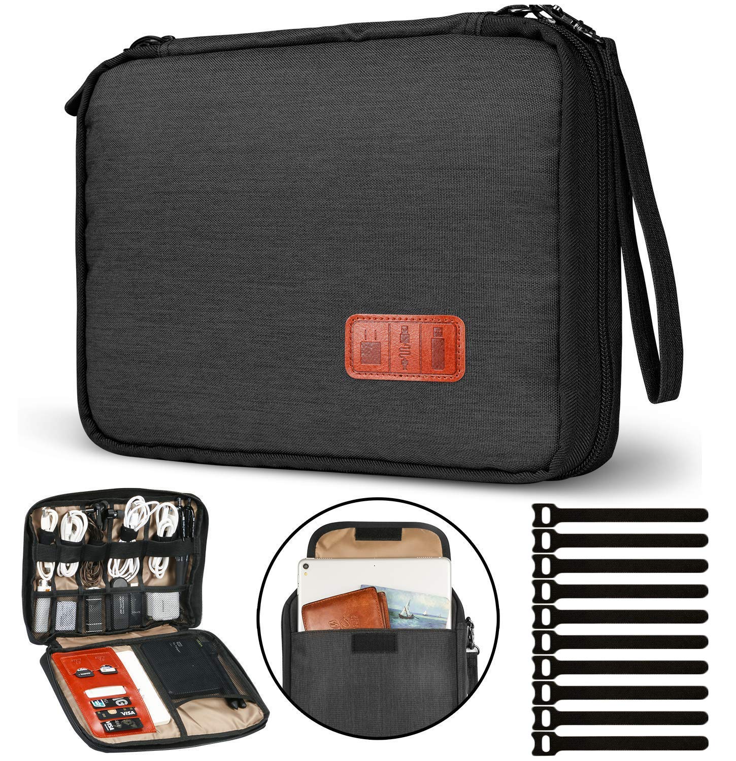 Sunsir Travel Cable Organizer Bag Double Layer Waterproof Portable Electronic Accessories Organizer for USB Cable Cord Phone Charger Headset Wire SD Card with 10pcs Cable Ties(Black10.6x8 in)