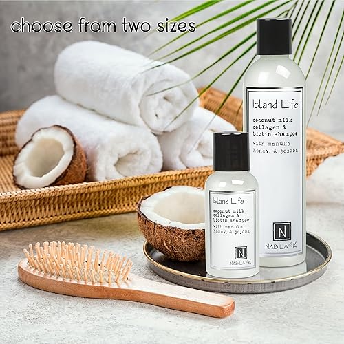 Miniatura 4 de Nabila K Champú de colágeno y biotina, 2.4 onzas, Island Life, leche de coco, miel de manuka y jojoba, limpiador, hidratante, seguro para el color,
