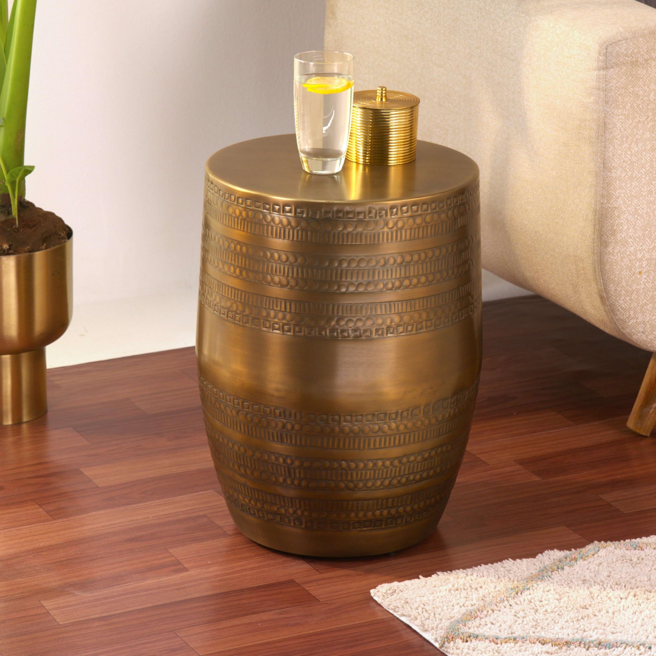 Modern Round Aluminum Hammered Embossed Texturing Metal Side Coffee Table, Hand-Stamped Iron, Boho Accent Side Table, Drum Shaped, for The Living Room