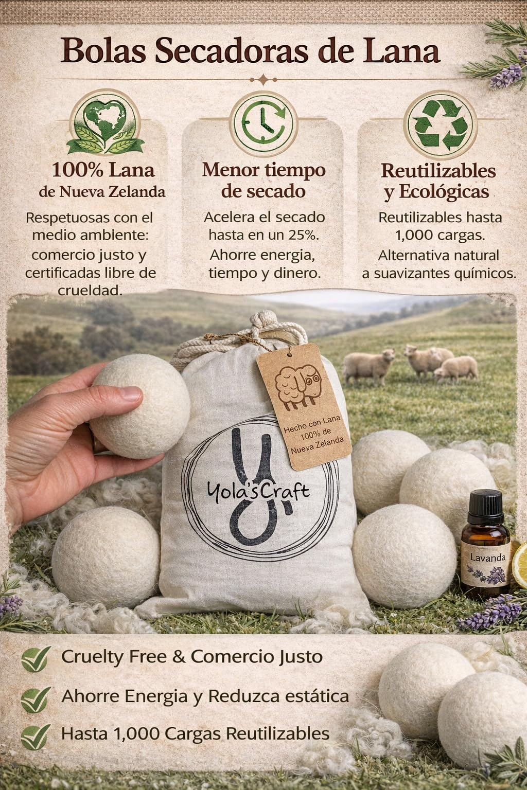 Ahorra 25% de Luz - Pack 6 Bolas de Lana para Secadora XL Yolascraft - 100% Lana Nueva Zelanda, Reutilizables y Suavizante Natural