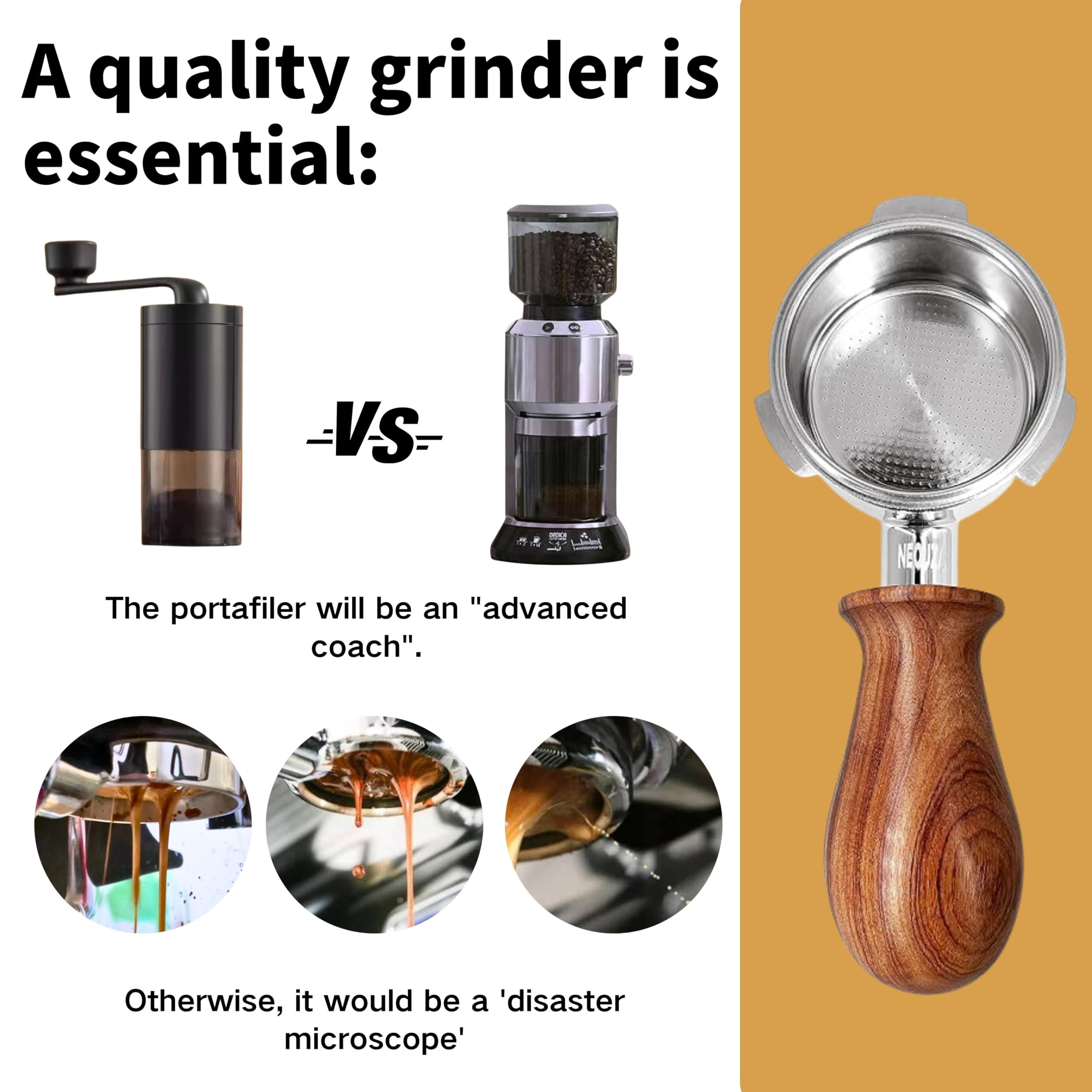 NEOUZA Portafilter expresso 51 mm compatible avec la machine à café DeLonghi Dedica EC685 Smeg, mini poignée en bois, panier non pressurisé, double bec verseur (poignée H1)