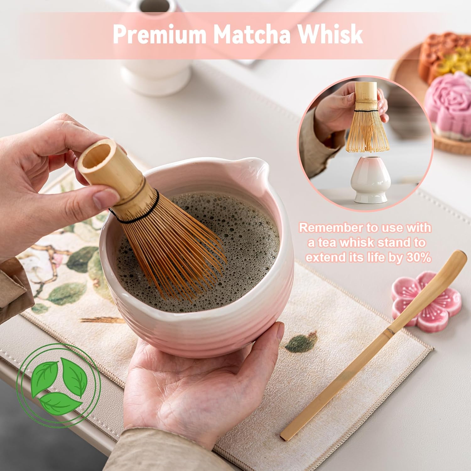 Matcha Whisk Set Ceramic Matcha Set Includes Bowl,Spout Bamboo Chasen Whisk with Ceramic Holder, Matcha Scoop and Stainless Sifter, Matcha Kit Valentine's Day Gifts for Women(7Pcs,Pink) - Image 4