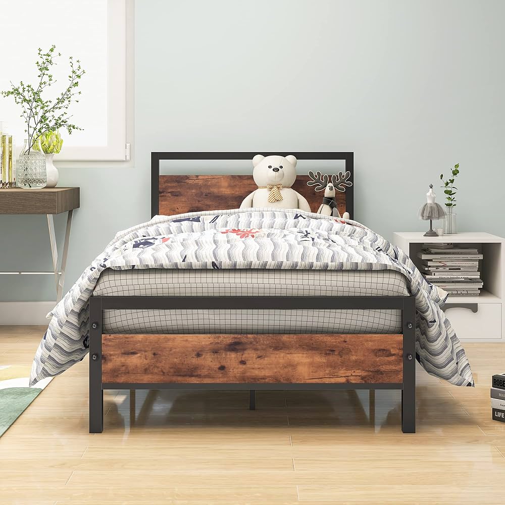 HOJINLINERO Metal Bed Frame Twin Size with Wood Headboard