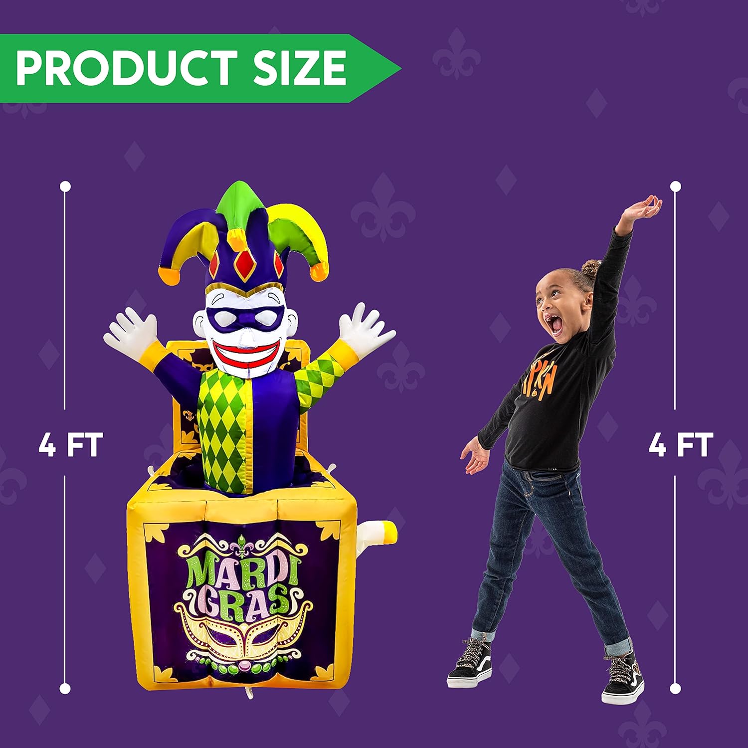 JOIEDOMI Mardi Gras Animated Inflatable Yard Decoration 4 FT Jester in The Box with Build-in LEDs Blow Up Inflatables for Party Indoor, Outdoor, Yard, Garden, Lawn Decor