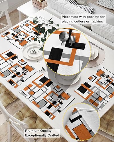 Miniatura 2 de Orange Geometry Table Placemats for Dining Table Set of 4,Cotton Linen Cloth Kitchen Place Mats with Pocket,Washable Burlap