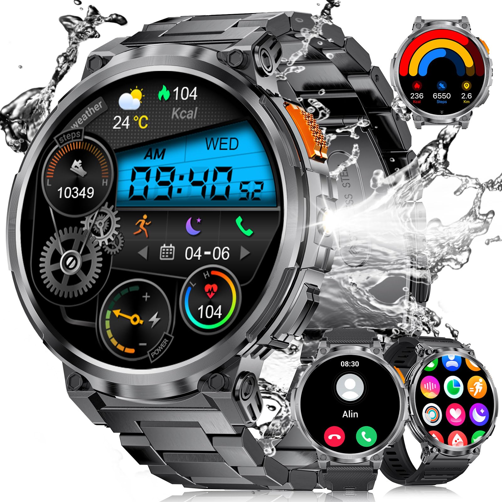 ESFOE Reloj Inteligente Hombre con LED Linterna, 730 mAh 1,85'' 5ATM Impermeable Smartwatch Hombre con Llamadas Bluetooth, Wasap, Monitor de Ritmo Cardíaco y Sueño,SpO2 para iOS 3 Correas
