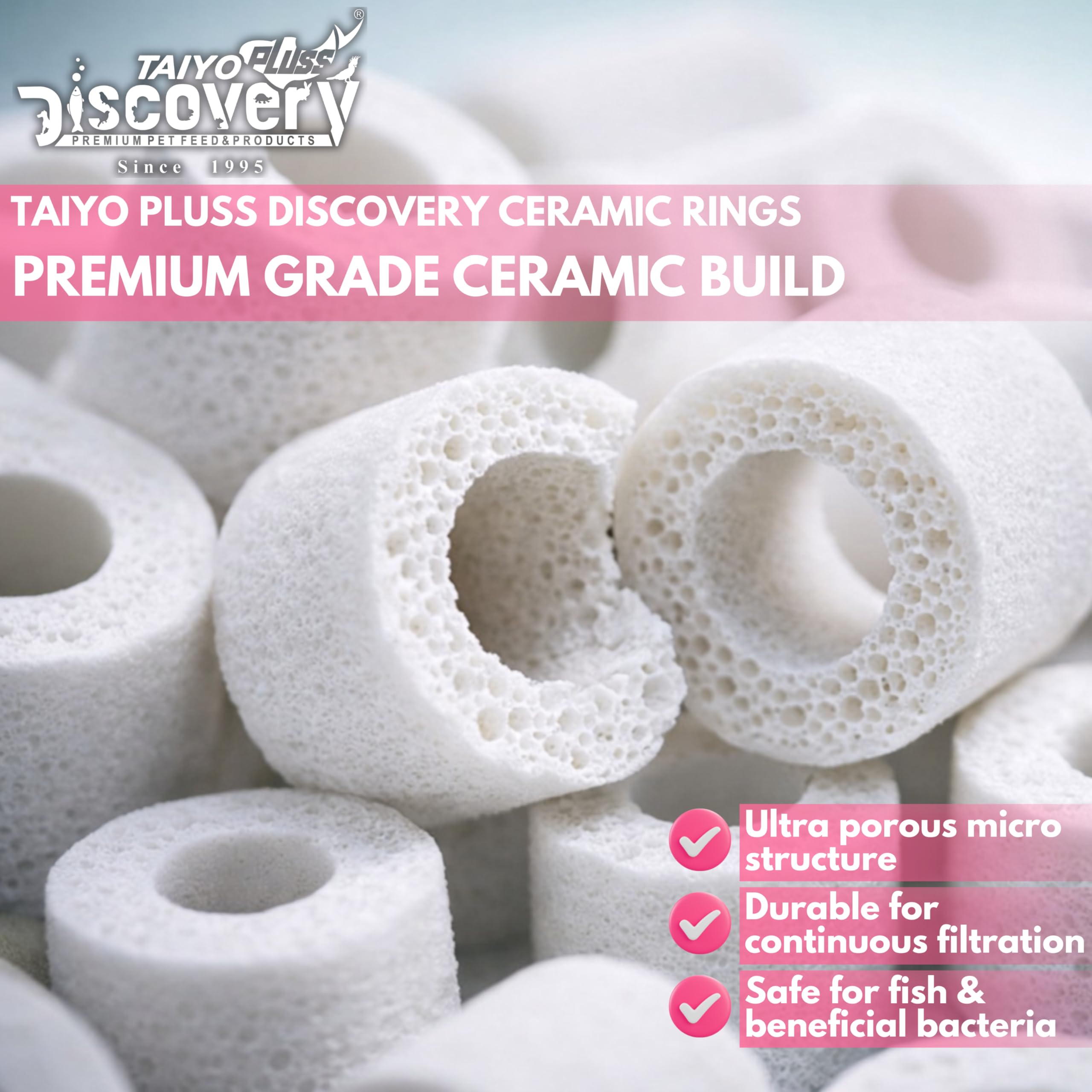 Taiyo Pluss Discovery Filter Media Combo - 500 g Ceramic Rings + 500 g Activated Carbon + 50 pcs Bio Balls + Biochemical Sponge (1 Pc) + Free NET Bags | 4 in 1 Bio Sponge Media for Aquarium Fish Tank
