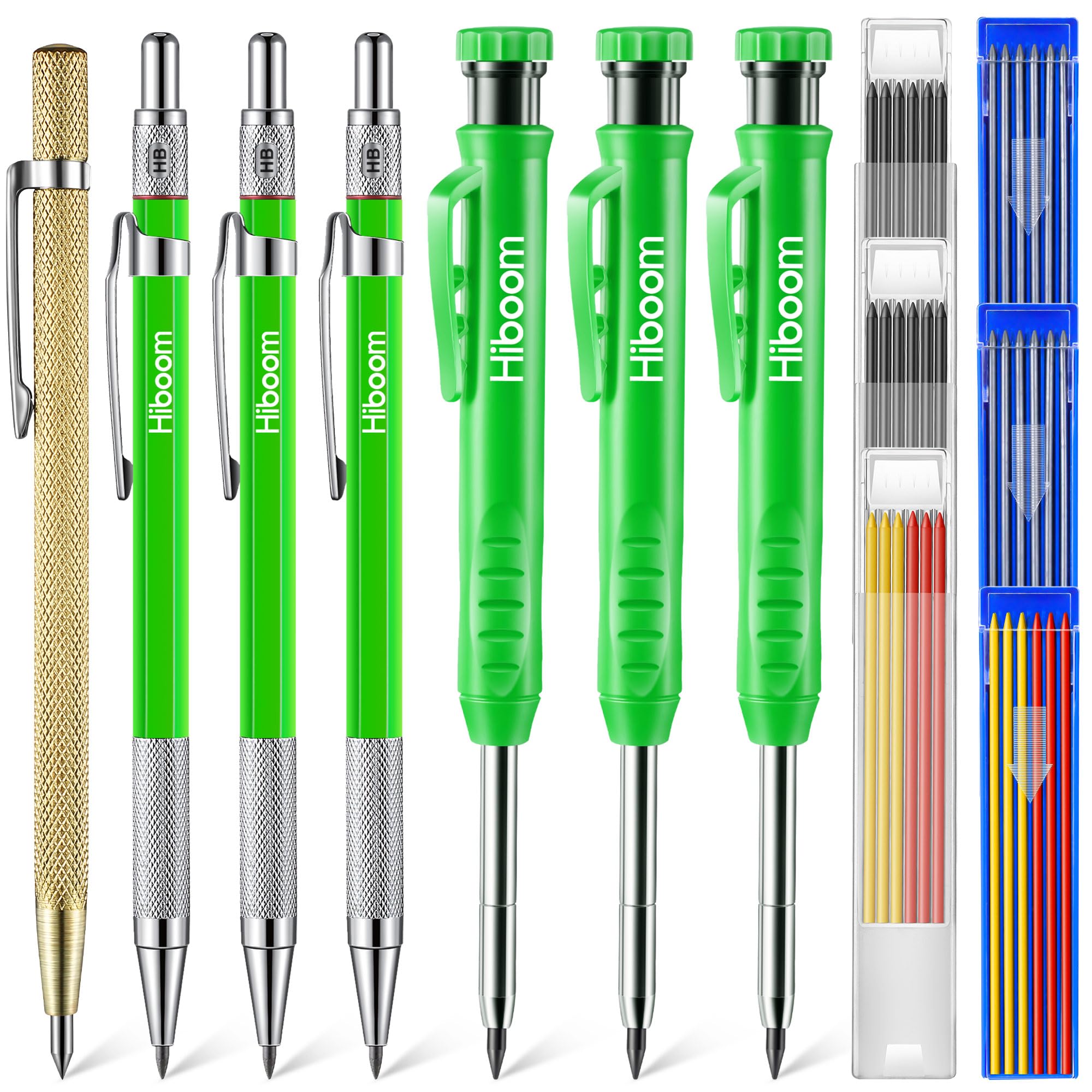 Hiboom7 Pcs Carpenter Mechanical Pencil 2-in-1 Set with 54 Pcs Solid Refills Carbide Scriber and Deep Hole Marker Woodworking Construction with Sharpener Marking Tool for Architect Projects (Green)
