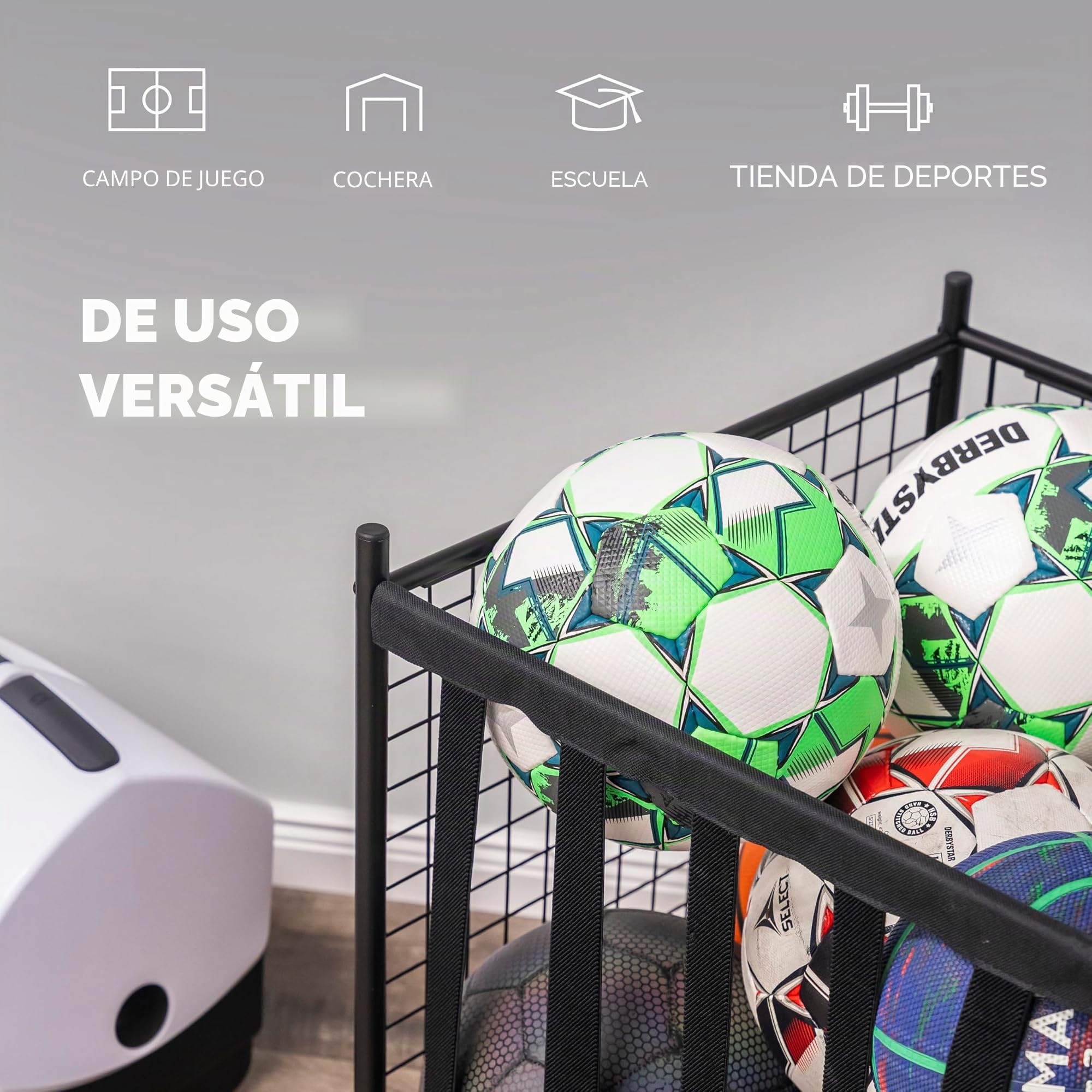 eluno Carrito apilable para balones de fútbol, voleibol, baloncesto, balones de baloncesto, etc. Con 5 correas en un lado, de acero negro