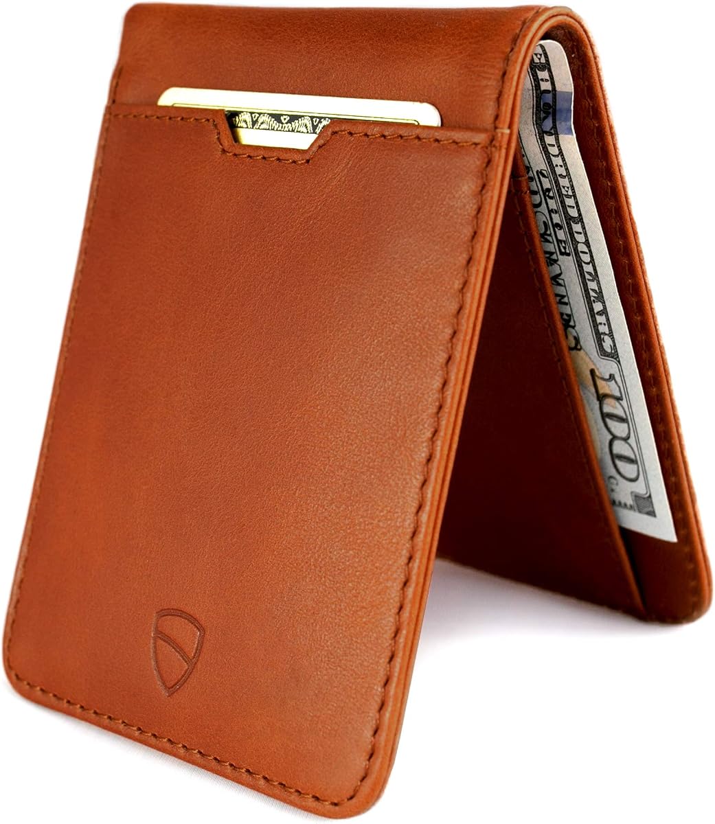 Vaultskin MANHATTAN Cartera delgada de cuero plegable RFID para hombre | 9 tarjetas y dinero en efectivo, piel de vaca genuina minimalista, perfil pequeño y delgado, bloqueo RFID a prueba de rozaduras, bolsillo compacto para llevar, caja de regalo