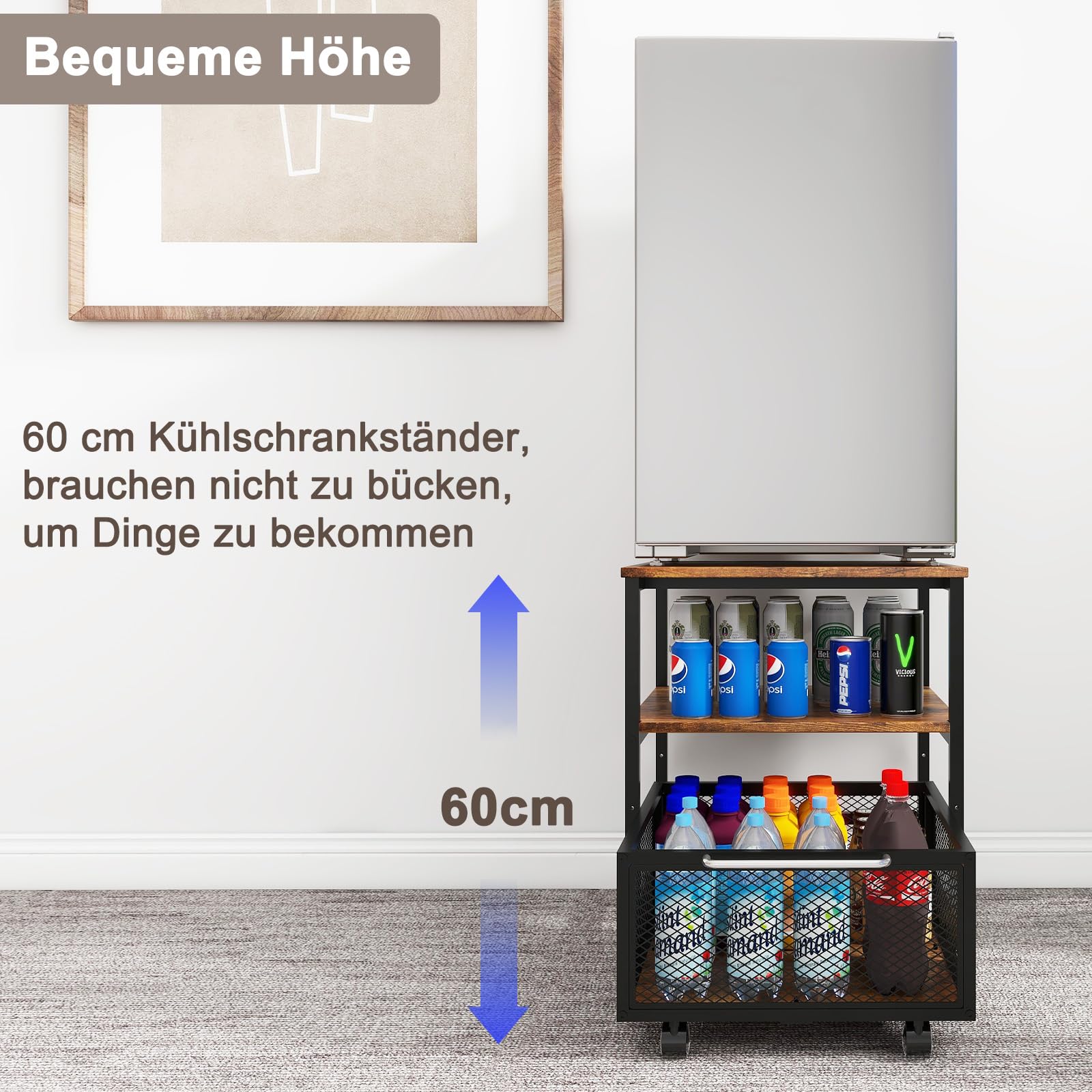 PUNCIA 3-stüfiger Kühlschrankständer auf Rollen Kühlschrankhalter mit Metallkorb Untergestell für Kühlschrank Sockel Unterstand für Gefrierschrank Küche Wohnzimmer Arbeitszimmer Büro Retro
