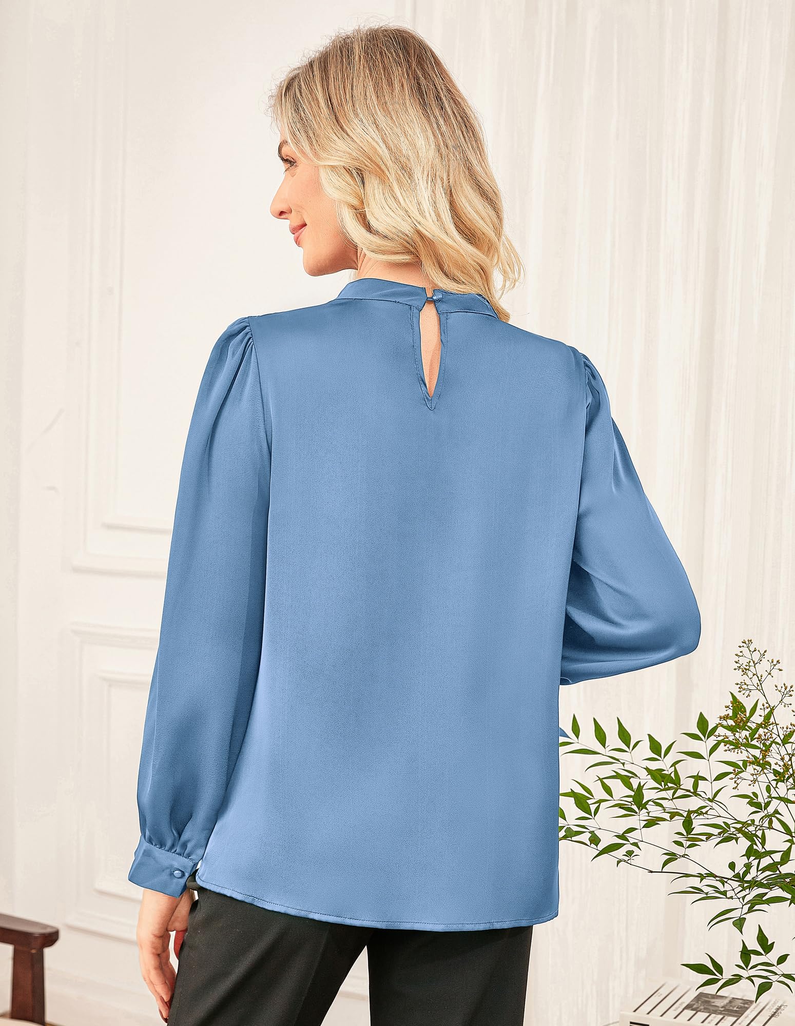 GRACE KARIN Chemisier à manches longues en satin pour femme, col roulé élégant, haut plissé, haut de travail formel pour affaires