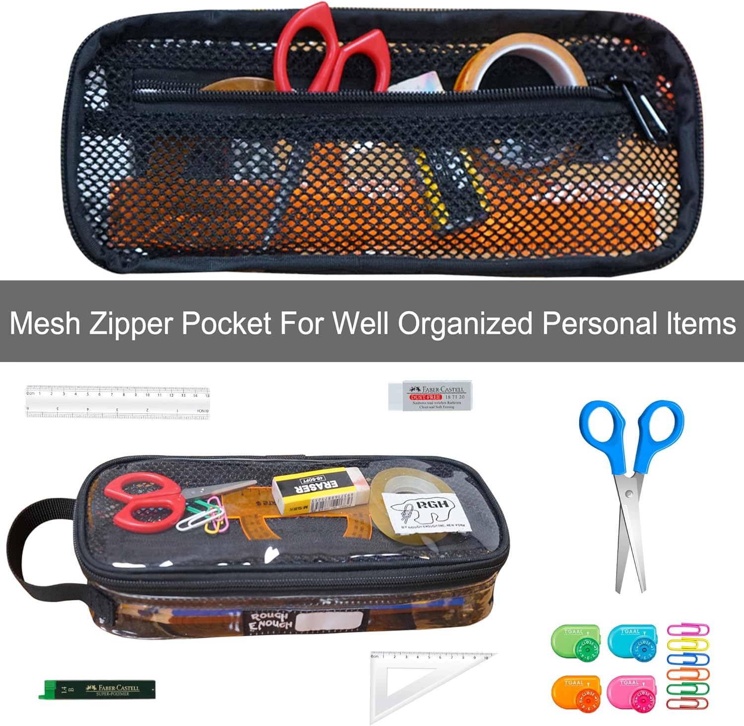 Rough Enough Clear Pencil Pouch Case Bag for Preppy Boys Girls Adults School Office Stationary Art Supplies Travel