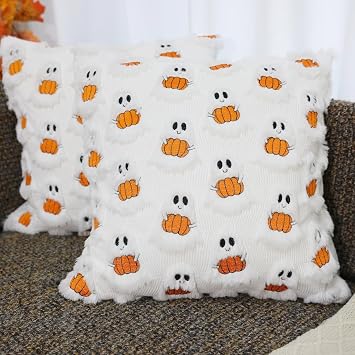 Halloween Ghost Pillow Covers 18x18 inch Set of 2 White Soft Plush Faux Fur Decorative Cushion Covers for Couch Sofa Bed Porch Living Room Halloween Decor Pumpkin Gost