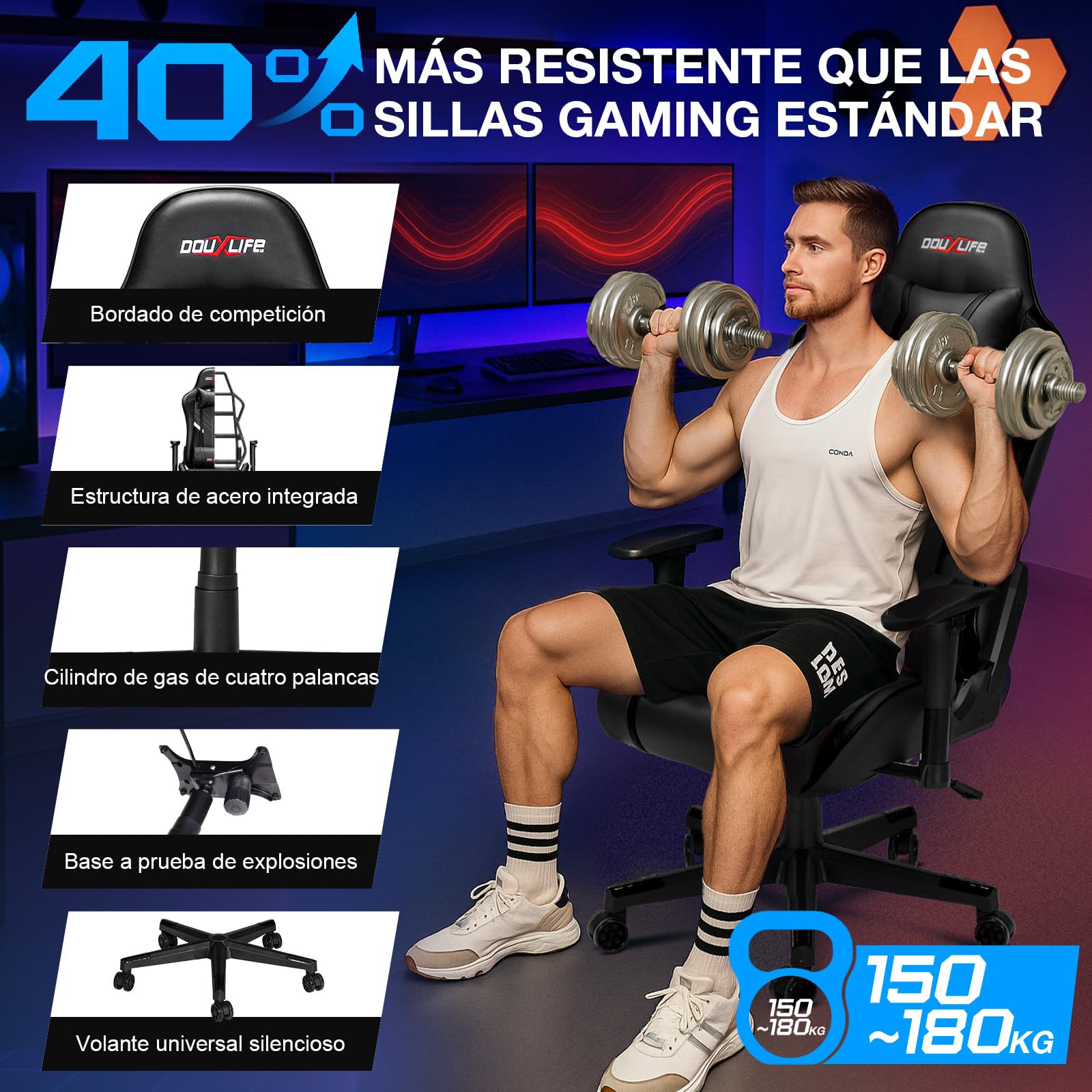 Douxlife Silla Gaming con Masaje de 7 Puntos, Silla de Oficina Ergonómica, Respaldo Ajustable 90-175°, Pasamanos 2D Ajustables, Capacidad de Carga 150-180 Kg, Negro Oscuro