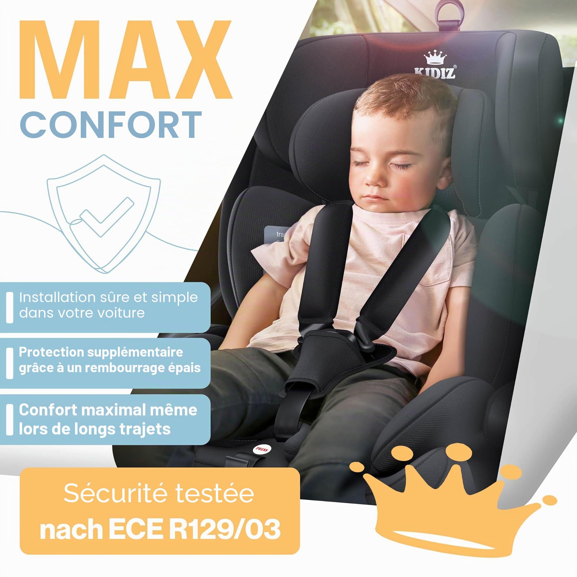 Kidiz® Siège auto pour enfant avec Isofix i-Size R129 100-150cm jusqu'à 12 ans, siège auto pour enfant Groupe 1/2/3, siège évolutif, ceinture 5 points et appuie-tête réglable en hauteur, rehausseur de
