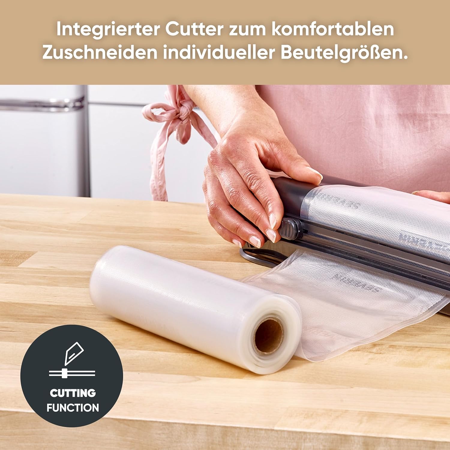 Integrated cutter in use on a vacuum roll