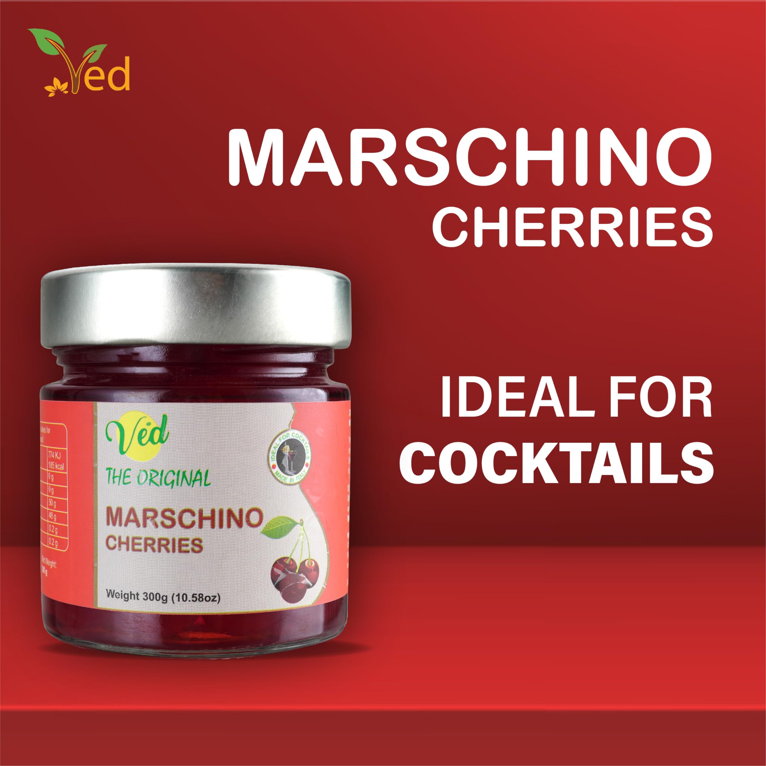 Ved Gourmet Original Red Maraschino Cherries Cereza italiana para cócteles a la antigua - Cóctel vegano, cerezas Bourbon en almíbar natural para cobertura de cóctel,600G