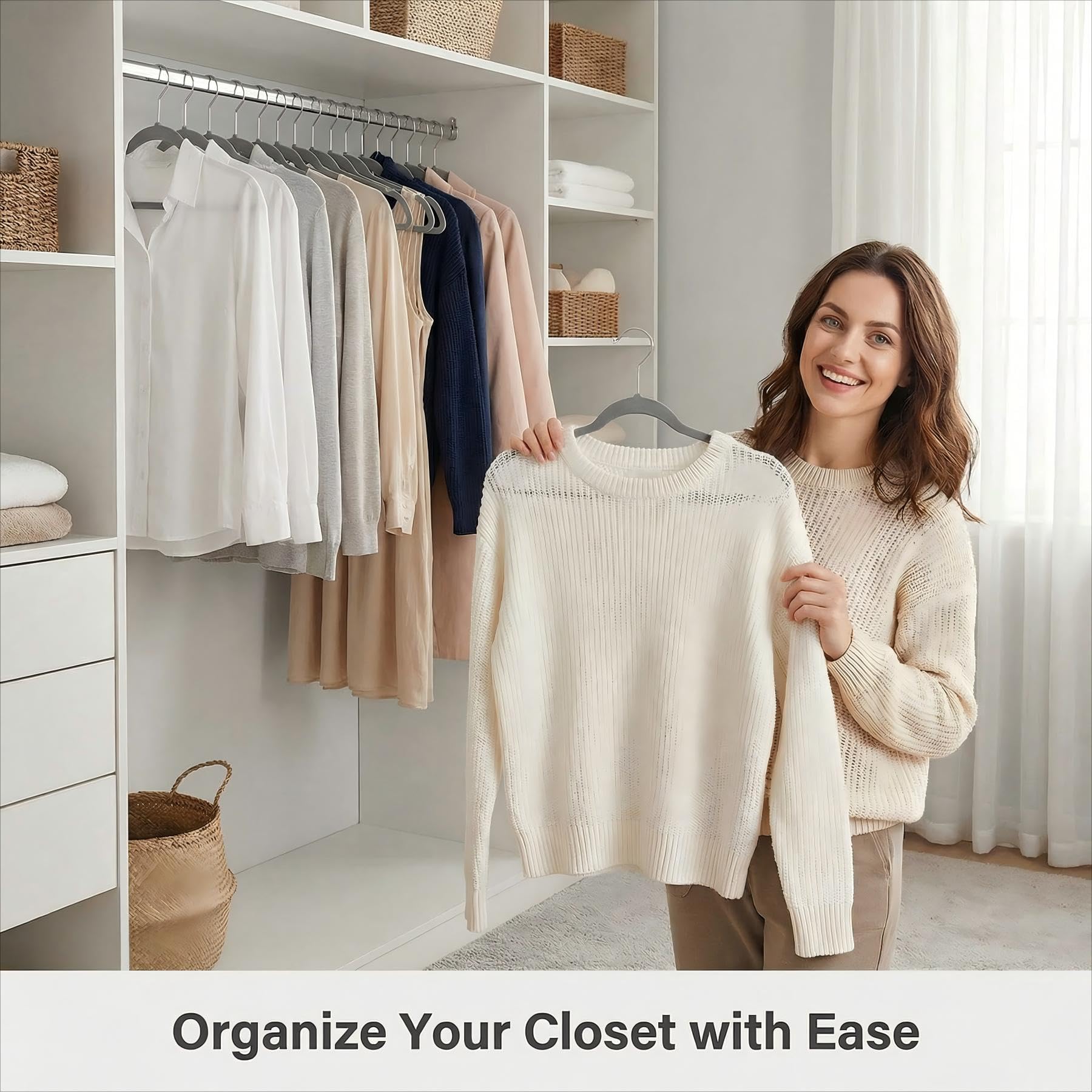 HOUSE DAY Graue Kunststoff-Kleiderbügel, 50 Stück, robust, nicht samtig, mit 360° drehbarem Haken und rutschfesten Kerben, schmal, platzsparend, langlebig, Schrank-Organizer für Mäntel, Hemden
