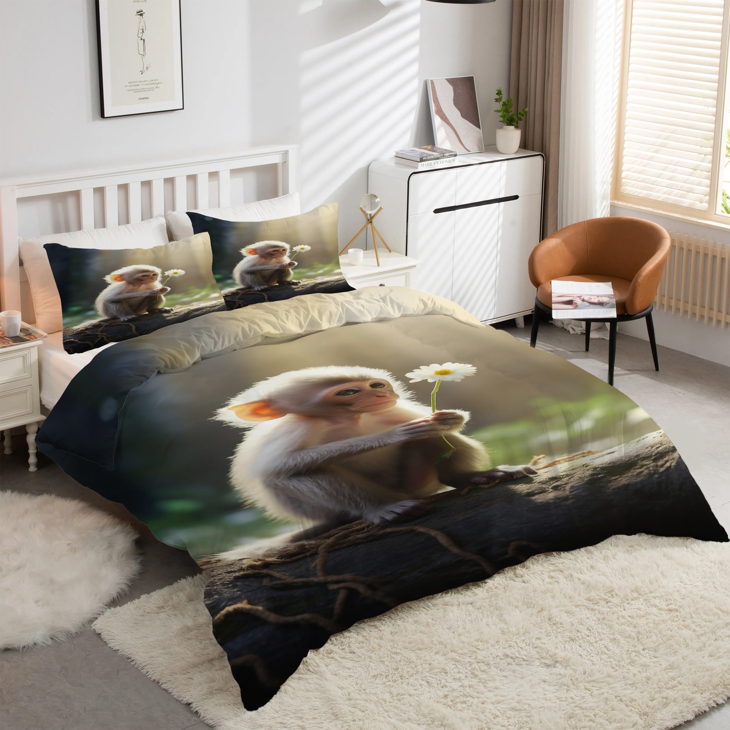 Parure de lit singe 90x190 anti-froissement avec housse zippée facile à laver